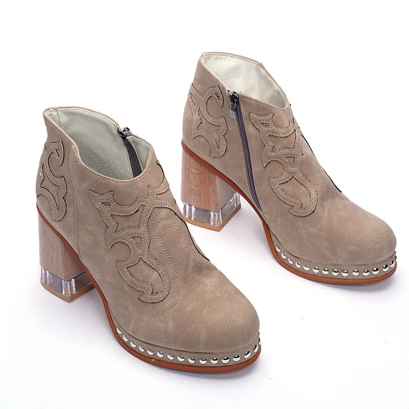 2023 Womens Comfortable Square Heel and Pointy Toe Engrave Embroidery Ankle Boots