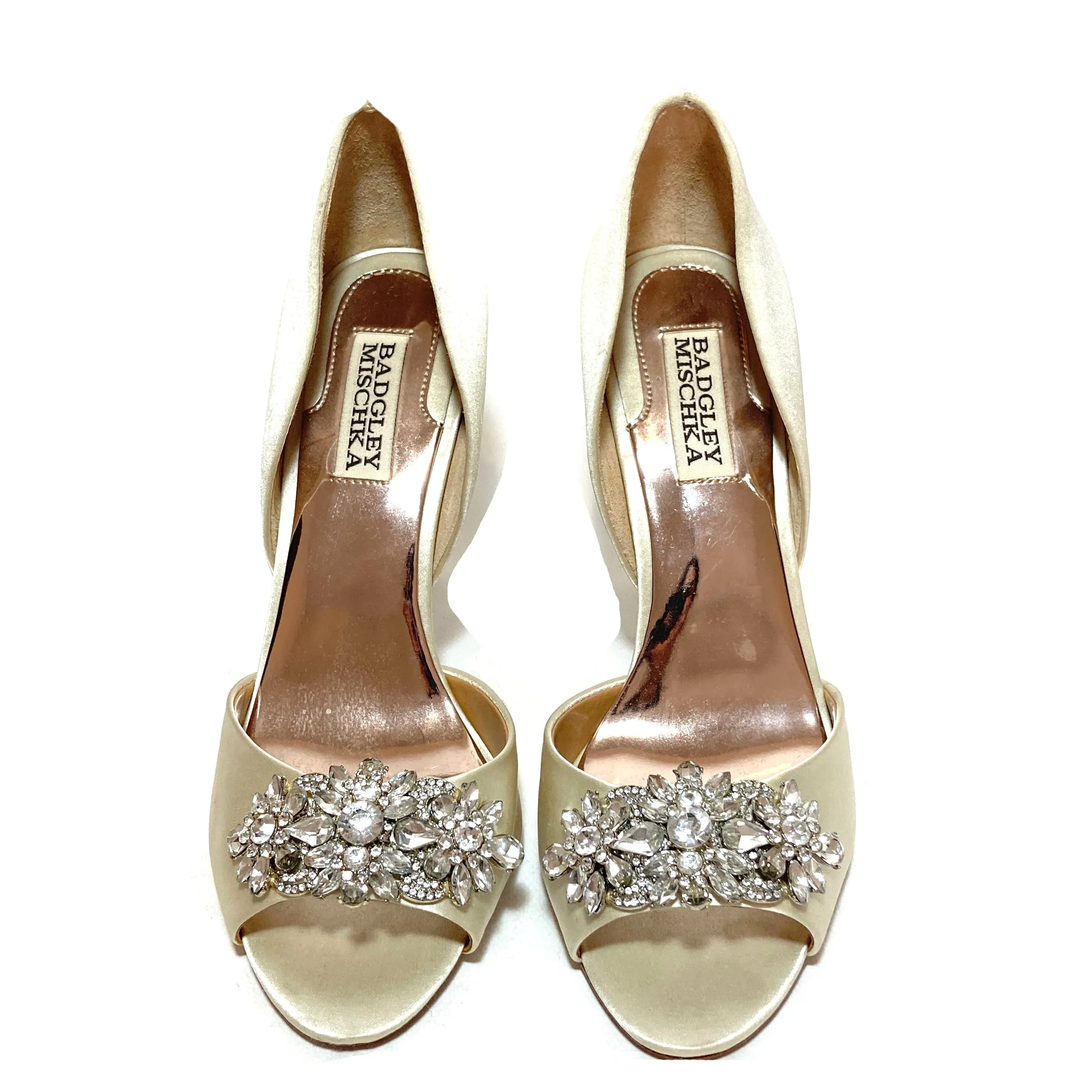 Badgley Mischka Ivory Satin 'Giana' Peep-Toe Heels | Gently Used |