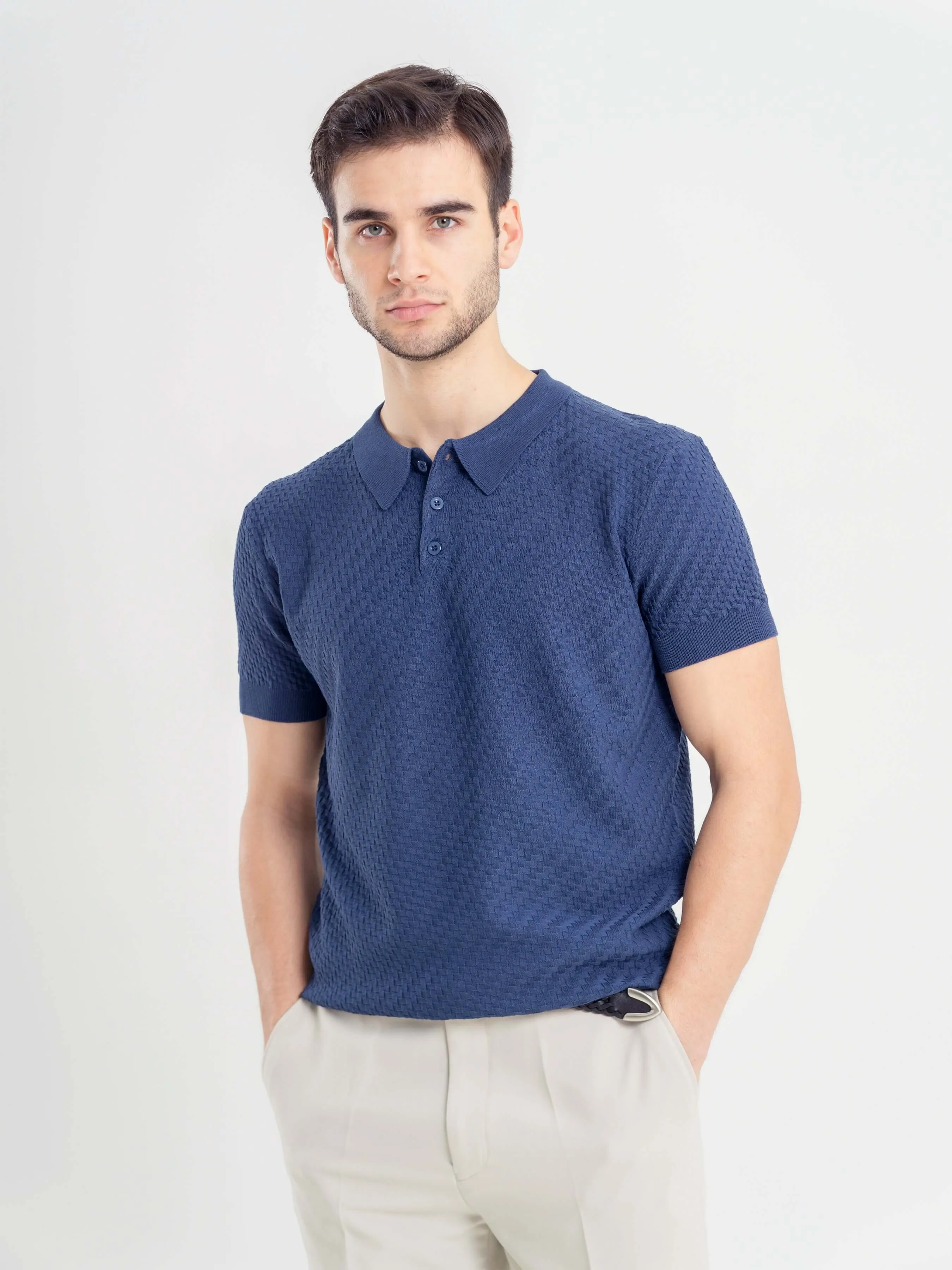 Basketweave Knit Polo Tee - Steel Blue