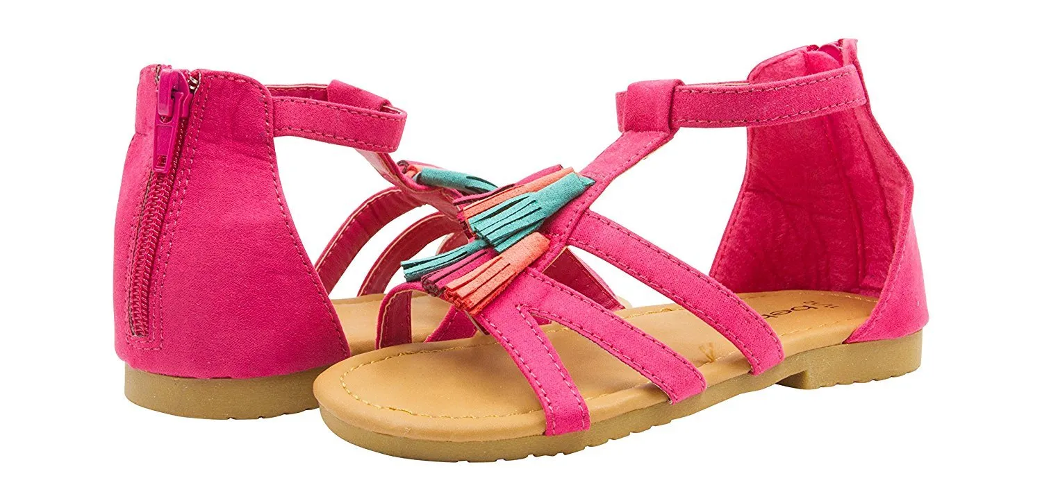 bebe Girls Velvet T Strap Back Zipper Ankle Sandals with Tassels 5/6 Fuchsia