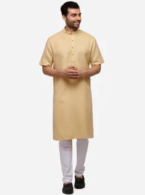 Beige Self Textured Regular Fit Modi Kurta | JadeBlue