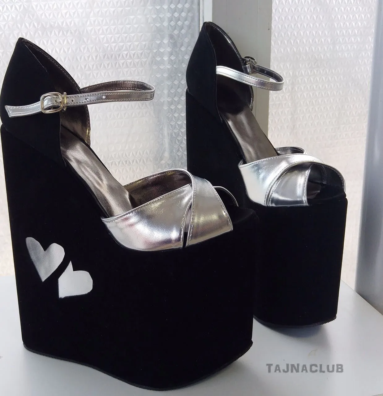 Black and Silver Ankle Strap Wedge Sandals