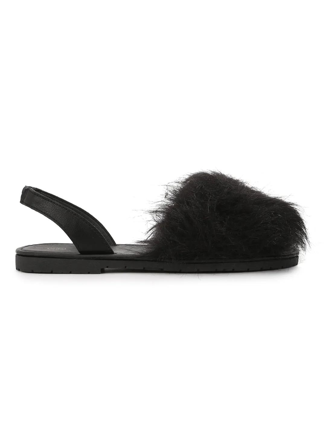 Black Fur Back Sling Slip-On Sandals