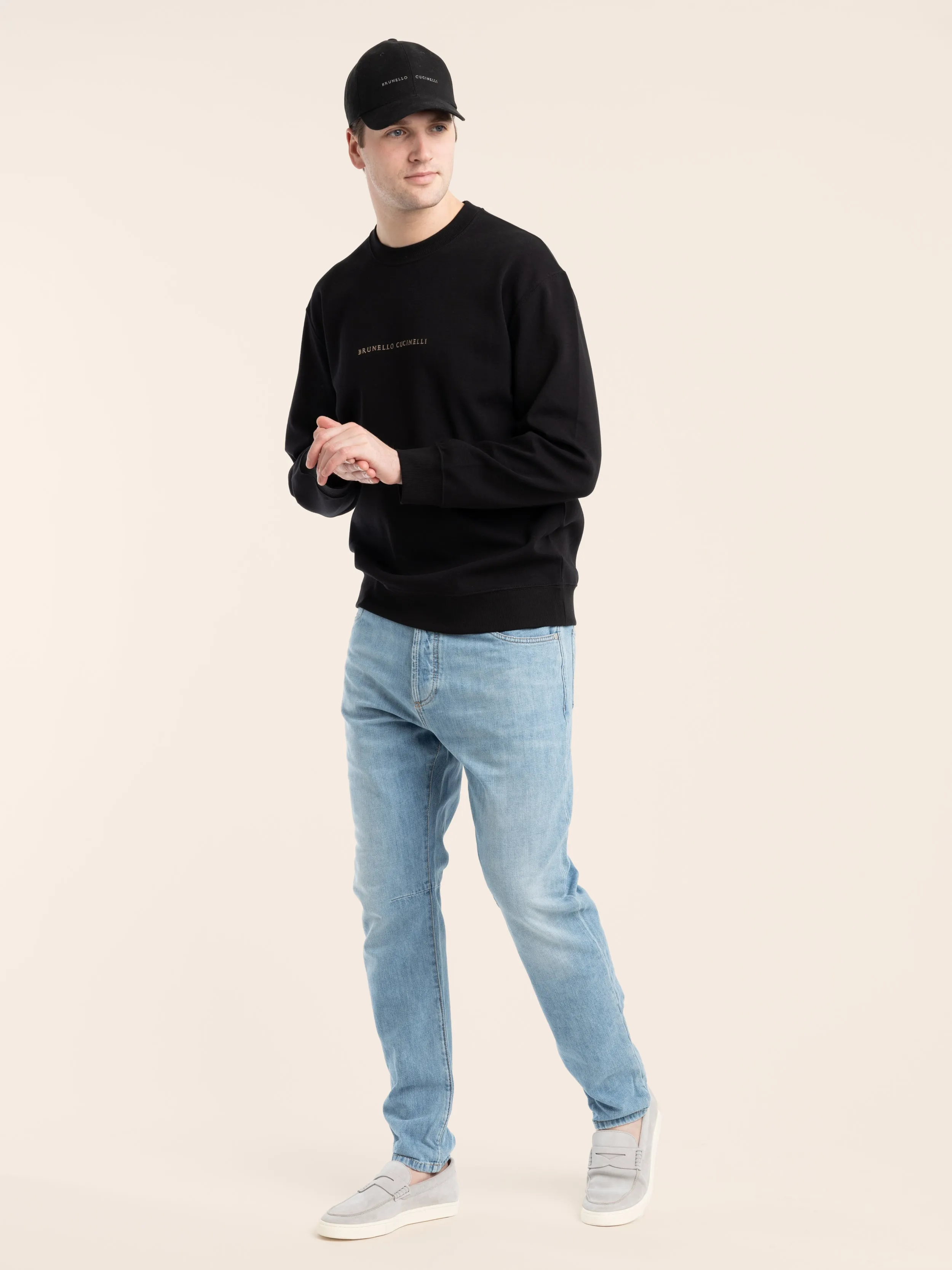 Black Techno Cotton French Terry Sweatshirt with Embroidery