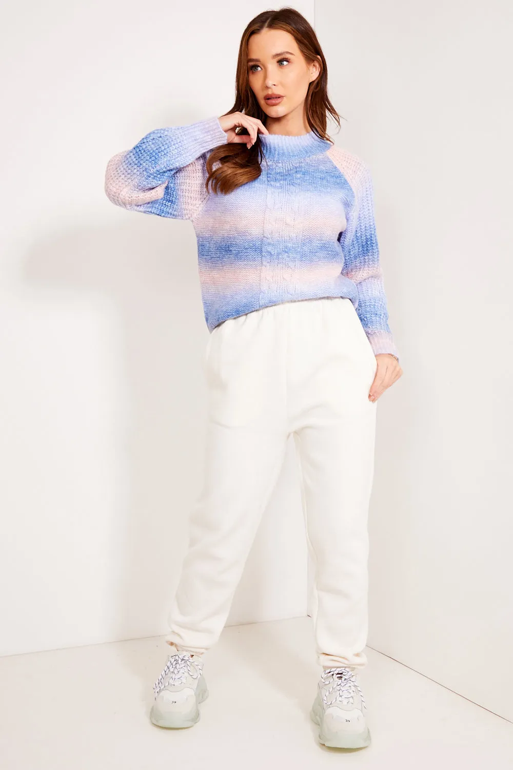 Blue Knit Cable Knit High Neck Jumper