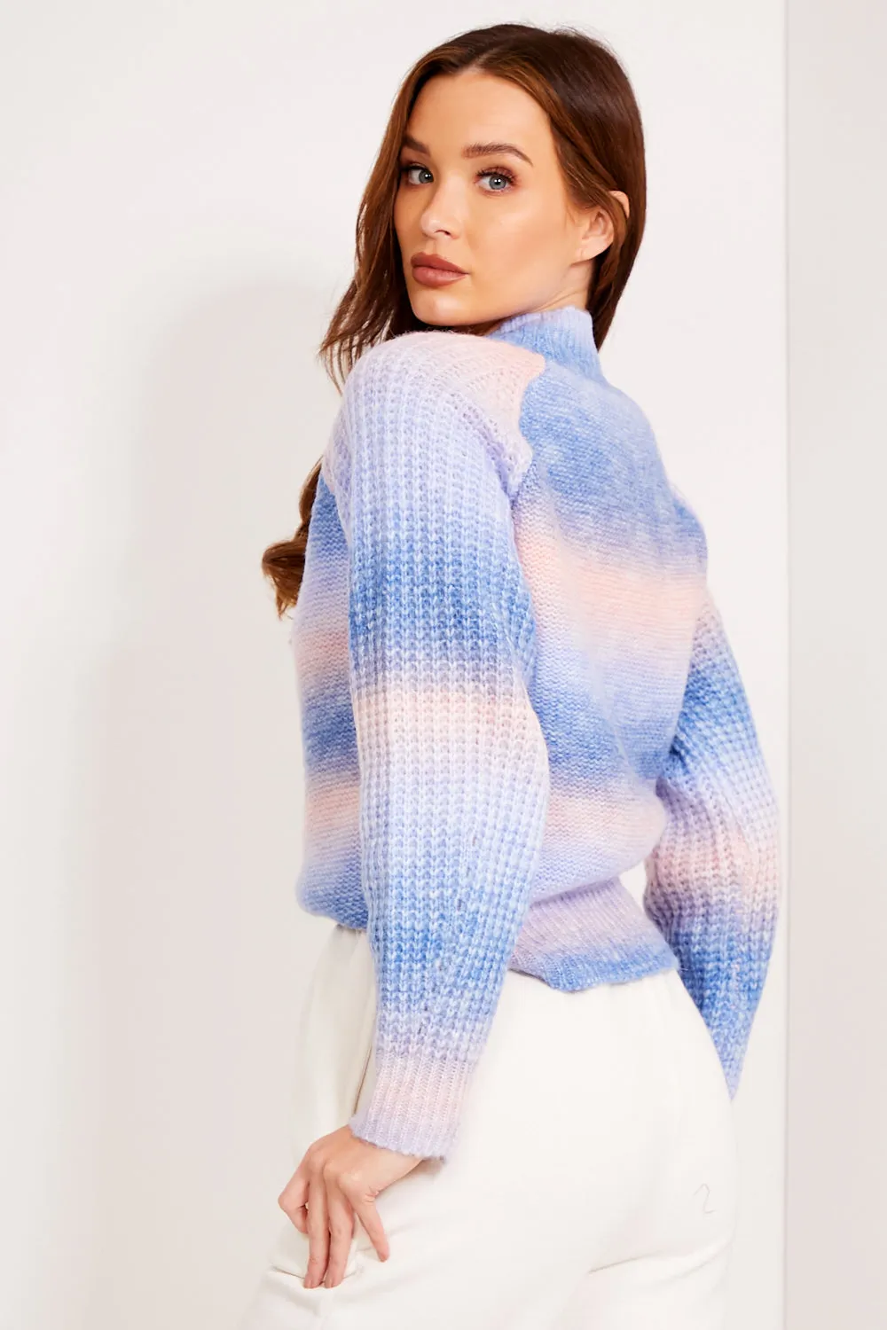 Blue Knit Cable Knit High Neck Jumper