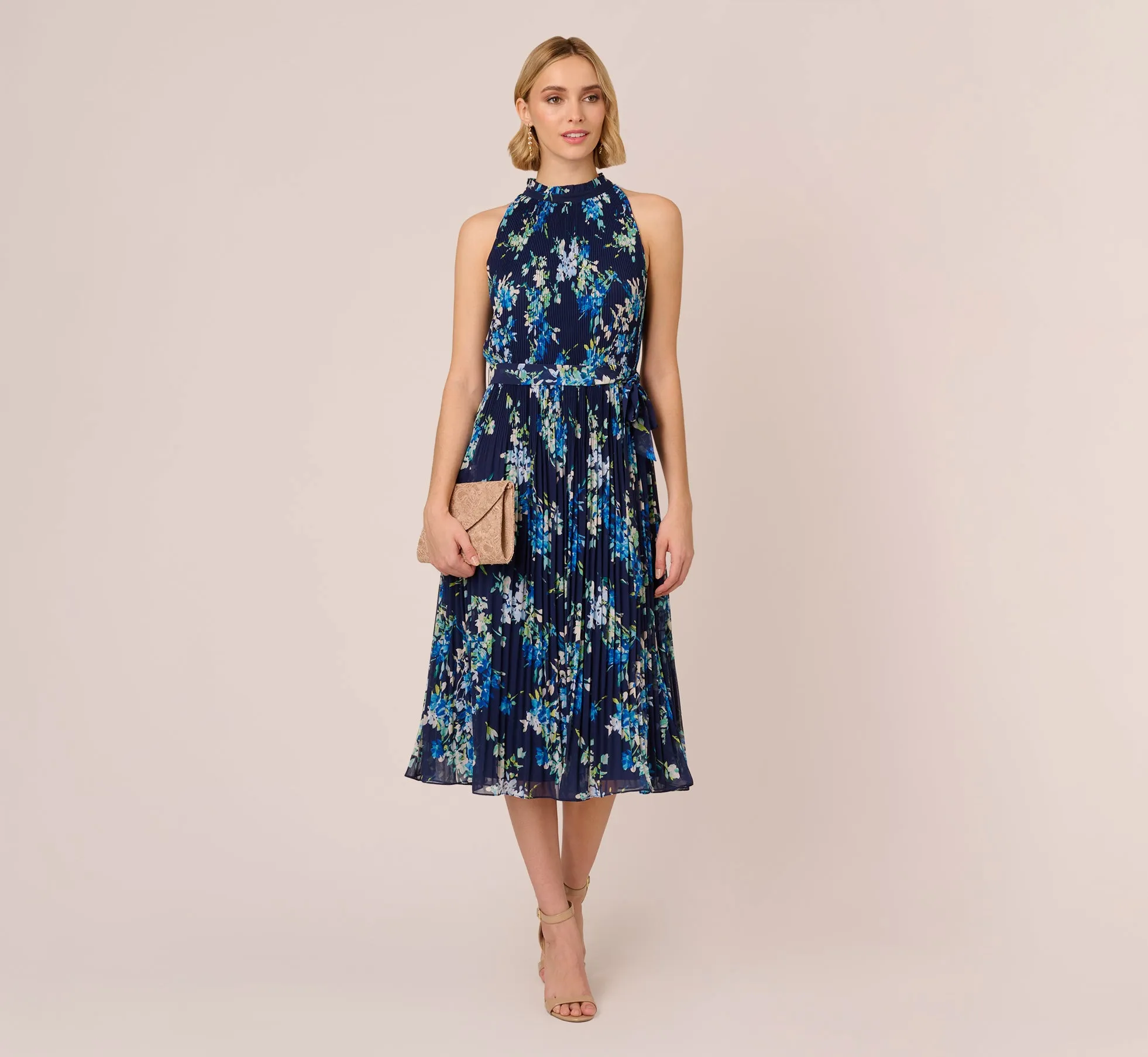 Floral Pleated Chiffon Dress With Mock Neckline In Navy Multi