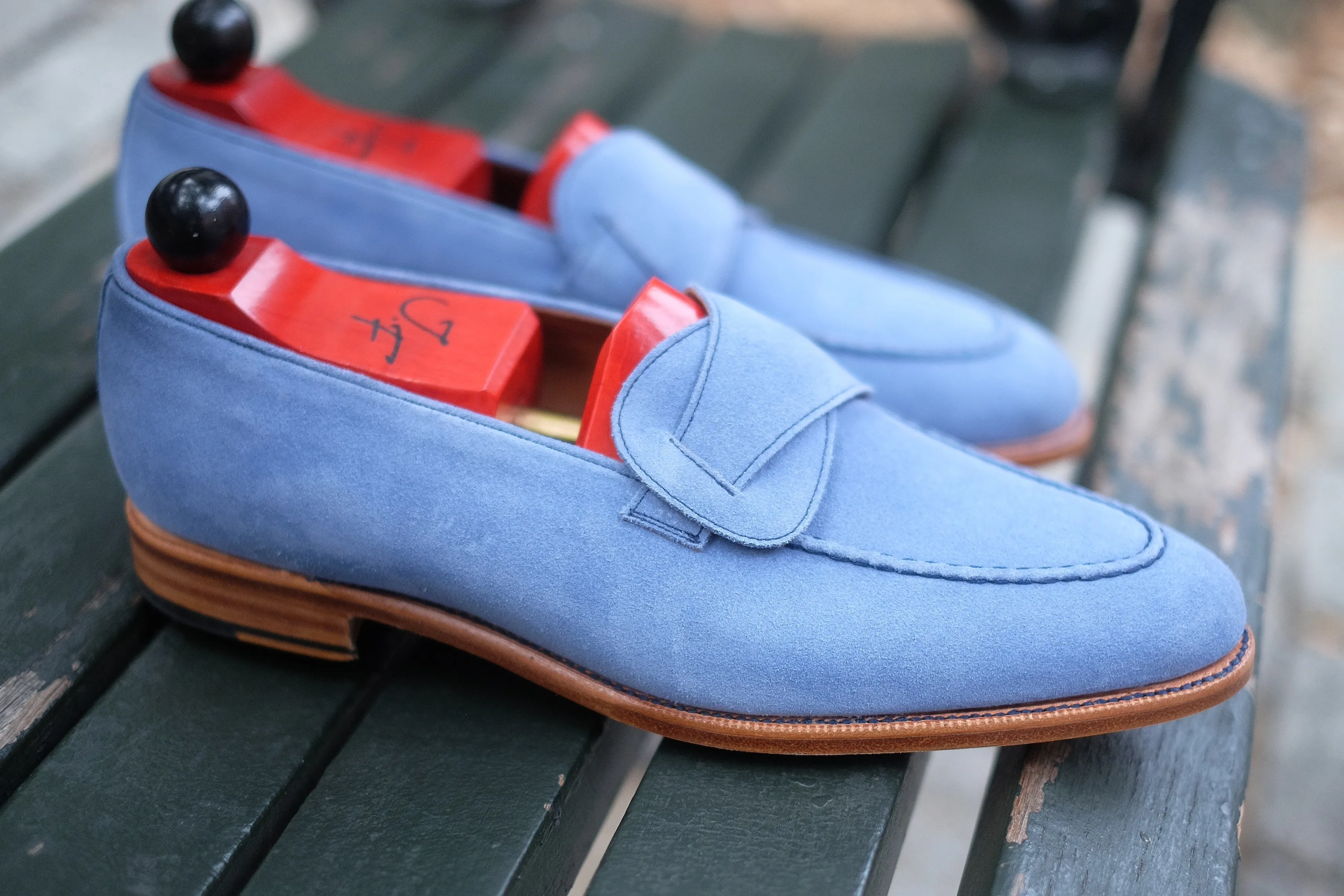 Hawthorne - MTO - Powder Blue Suede - Natural Edge Trim - TMG Last - Single Leather Sole