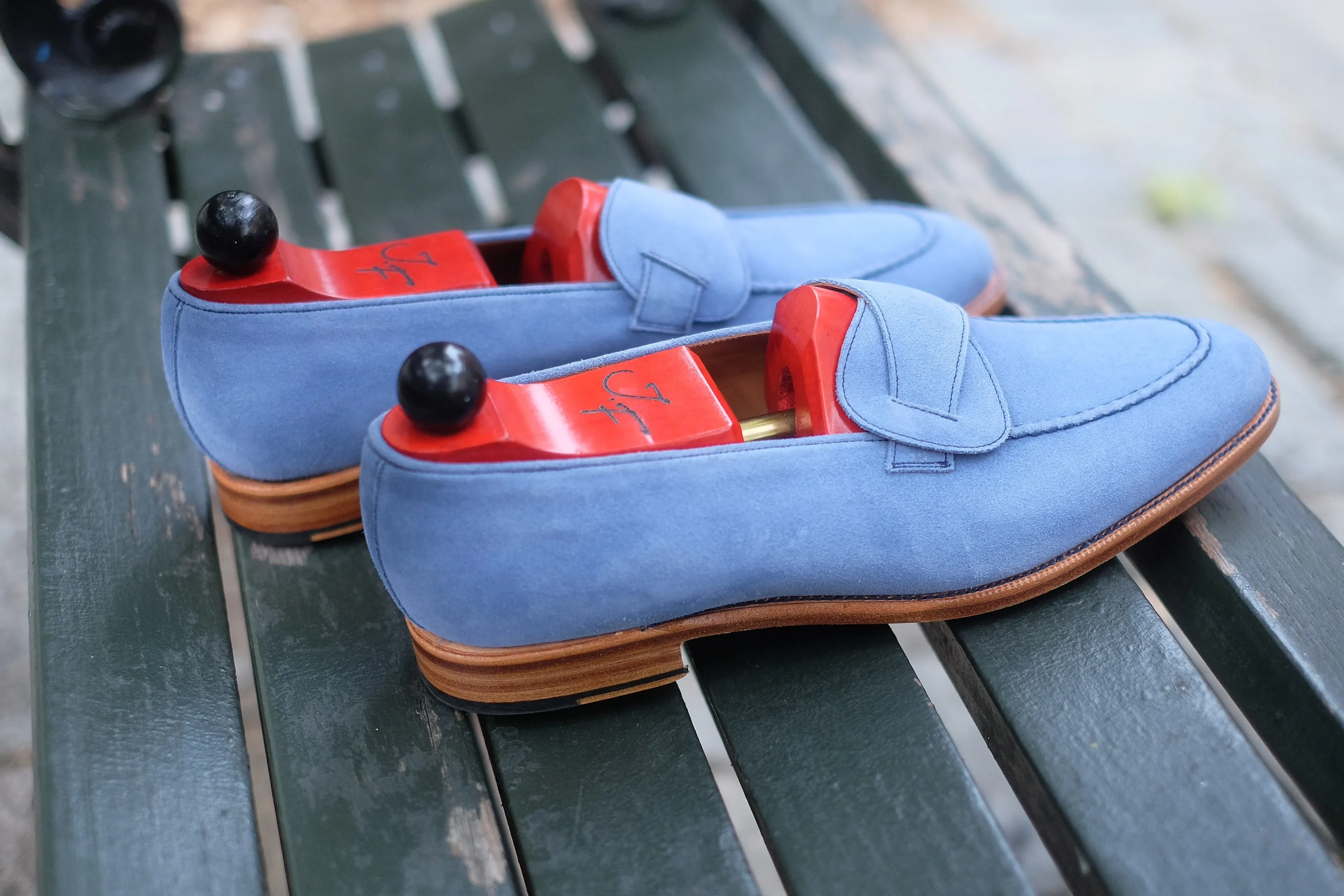 Hawthorne - MTO - Powder Blue Suede - Natural Edge Trim - TMG Last - Single Leather Sole