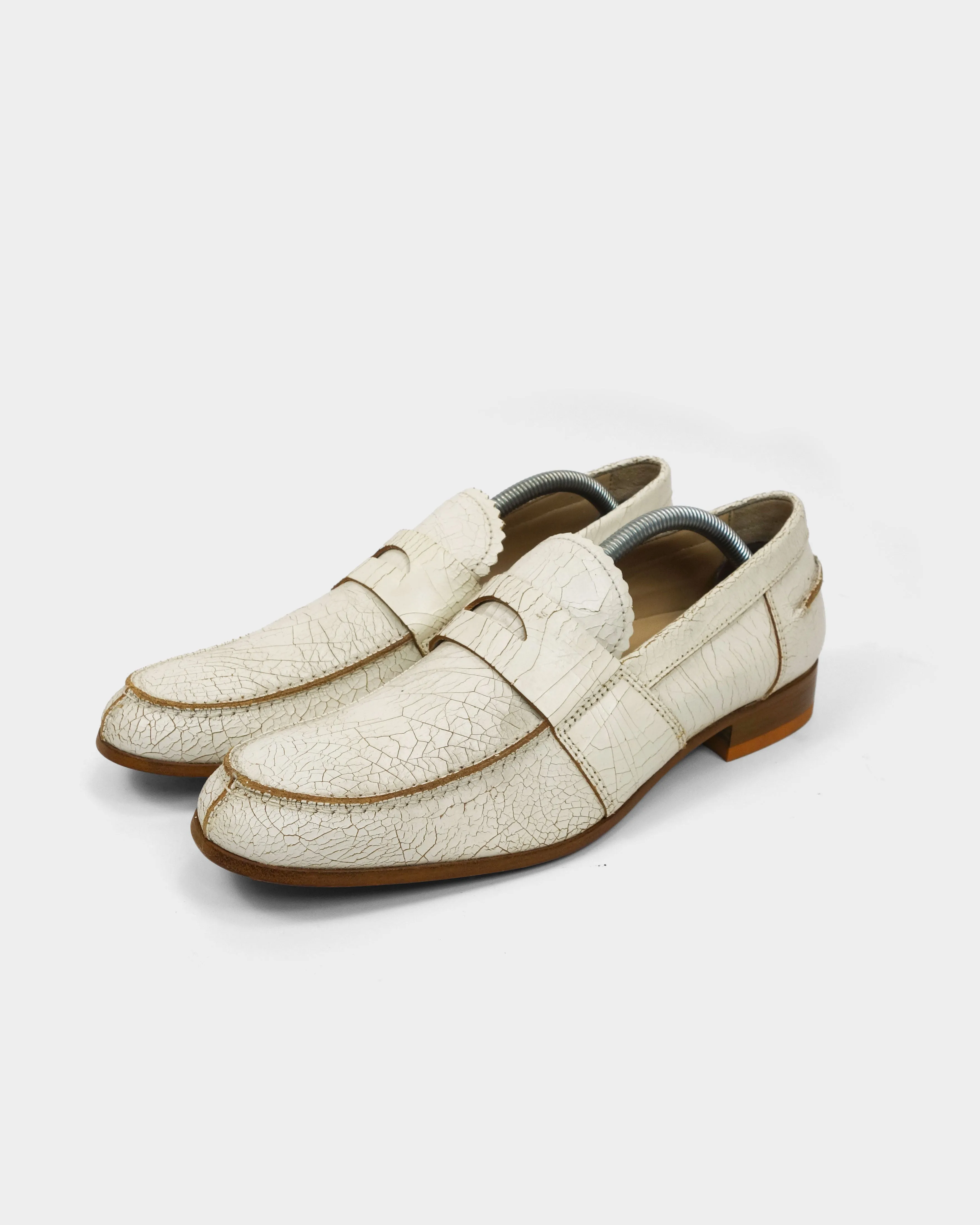 Miu Miu White Cracked Leather Loafers 2000's