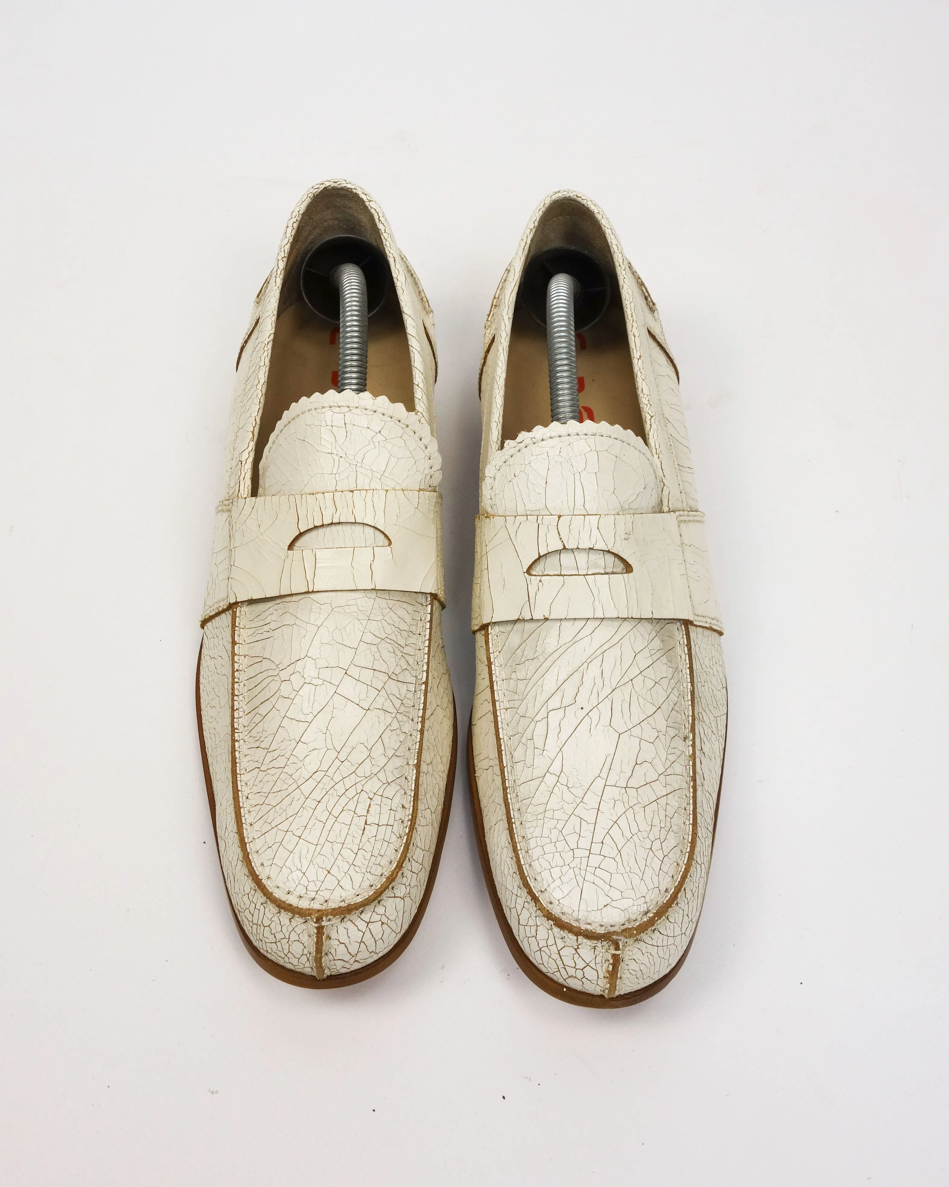 Miu Miu White Cracked Leather Loafers 2000's