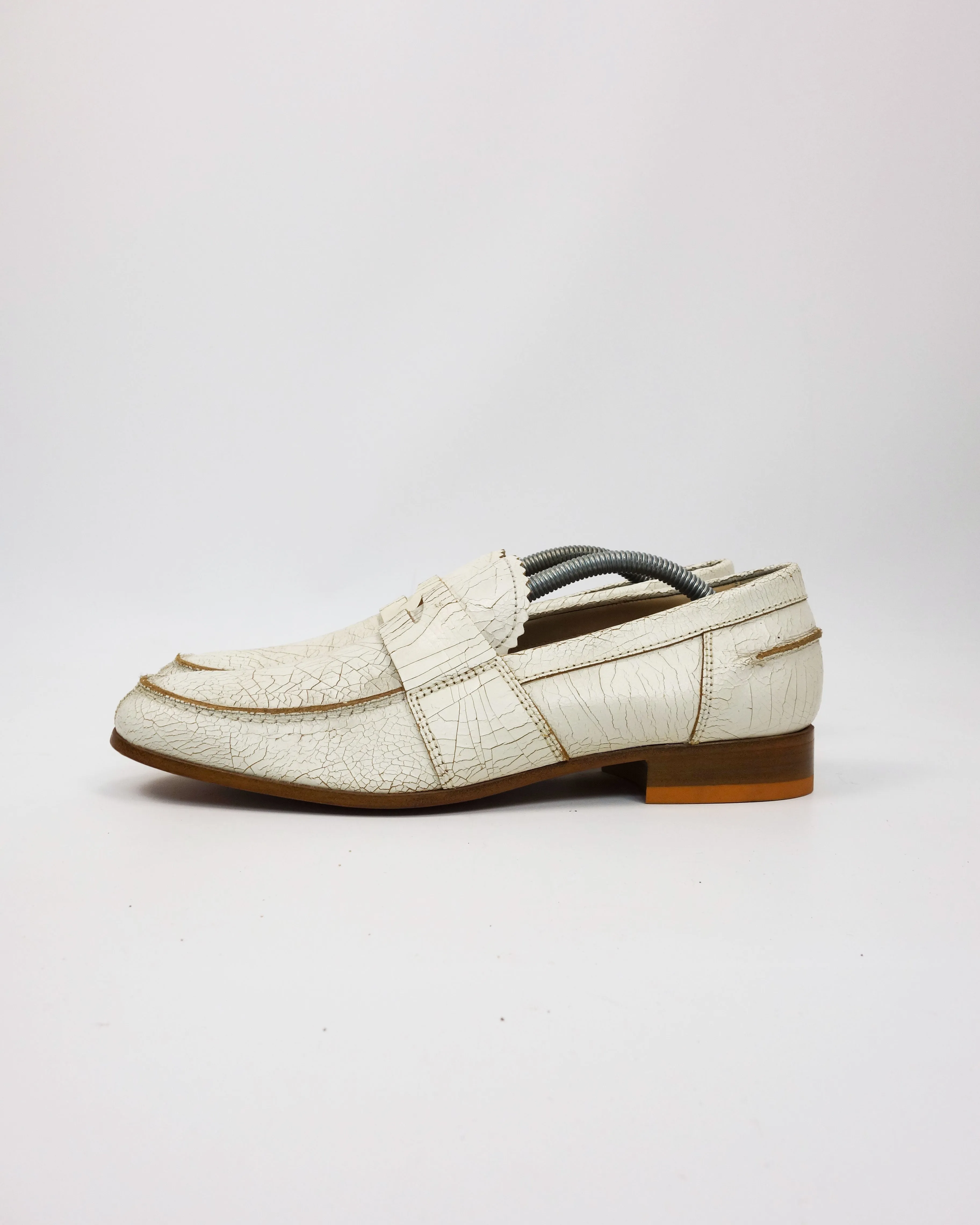 Miu Miu White Cracked Leather Loafers 2000's