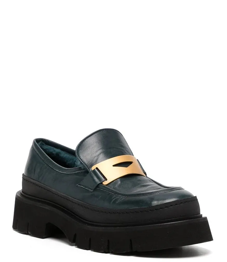 Navy Leather Chunky Loafer With Shearling