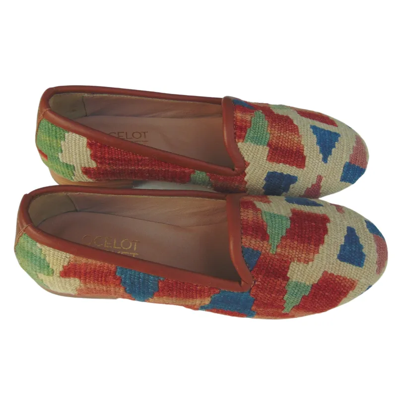 Women's Turkish Kilim Loafer Red & Blue with Cream Pattern